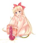  1girl aino_minako anal_beads barefoot bishoujo_senshi_sailor_moon blonde_hair blue_eyes blush bow bowtie dildo feet nude open_mouth poronpuu sailor_venus sex_toy simple_background solo tears urine very_long_hair white_background 