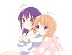  2girls alternate_costume blush chestnut_mouth commentary_request cup eyebrows eyebrows_visible_through_hair food gochuumon_wa_usagi_desu_ka? hair_between_eyes holding holding_cup hooded_pajamas hoto_cocoa hug hug_from_behind long_hair looking_at_another loungewear multiple_girls nagomi_yayado orange_hair pocky pocky_day pocky_kiss polka_dot_hoodie purple_eyes purple_hair shared_food simple_background striped striped_pajamas sweatdrop tedeza_rize white_background 