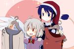  bird_wings blue_eyes blue_hair blush bow buna_shimeji_(keymush) clothes clothes_hanger doremy_sweet feathered_wings green_eyes grey_hair hand_on_another's_shoulder hat holding_clothes kishin_sagume multicolored multicolored_eyes multiple_girls nightcap open_mouth orange_eyes pink_background red_background red_eyes short_hair sidelocks simple_background single_wing sleeveless smile sparkle sweatdrop tail touhou two-tone_background white_wing wings 
