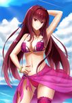  arm_up bikini bracelet breasts cloud cowboy_shot day fate/grand_order fate_(series) jewelry large_breasts long_hair looking_at_viewer nail_polish navel ocean outdoors purple_hair purple_nails purple_sarong randoru red_eyes revision sarong scathach_(fate)_(all) scathach_(swimsuit_assassin)_(fate) sky smile solo swimsuit 