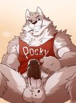  2016 anthro balls candy canine chocolate clothing erection food humanoid_penis looking_at_viewer male mammal penis pocky shirt simple_background solo takemoto_arashi wolf 