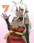  antenna_hair bare_shoulders blush breasts dark_elf dark_skin detached_sleeves elf highres large_breasts long_hair lonwi21 looking_at_viewer number orange_eyes pointy_ears sansei_muramasa shiny shiny_skin solo soukou_akki_muramasa white_hair 