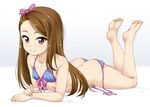  ass bare_shoulders barefoot bikini blue_bikini breasts brown_eyes brown_hair collarbone feet flat_chest full_body hair_ribbon idolmaster idolmaster_(classic) long_hair looking_at_viewer lying mamezou minase_iori on_stomach pointing polka_dot polka_dot_bikini ribbon side-tie_bikini simple_background small_breasts smile solo swimsuit the_pose untied untied_bikini 