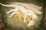  ambiguous_gender claws day detailed_background duo feline feral grass horn kodardragon lion mammal membranous_wings nude outside paws pink_nose sleeping smile wings 
