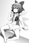  bangs barefoot bloomers bow cirno eating food full_body greyscale hair_bow hiroya_juuren ice_cream looking_at_viewer monochrome shirt short_hair short_sleeves simple_background sitting solo touhou underwear 