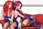  2girls alternate_costume alternate_hair_color breasts jinx_(league_of_legends) league_of_legends lipstick magical_girl multiple_girls red_hair short_shorts shorts sitting sona_buvelle star_guardian_jinx thighhighs twintails 