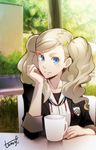  artist_name bangs blonde_hair blue_eyes bush chair cup elbow_rest hair_ornament hair_over_shoulder hairclip hand_on_own_chin hood hood_down hoodie looking_at_viewer mug parted_bangs persona persona_5 school_emblem sitting smile solo table takamaki_anne tamago_(yotsumi_works) tree twintails wall 