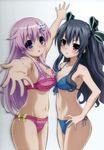  absurdres asymmetrical_docking bare_shoulders bikini black_hair blush breast_press breasts d-pad d-pad_hair_ornament hair_ornament hand_on_hip highres long_hair looking_at_viewer medium_breasts multiple_girls navel nepgear neptune_(series) official_art open_mouth purple_eyes purple_hair reaching_out red_eyes simple_background small_breasts smile striped swimsuit two_side_up uni_(choujigen_game_neptune) white_background 