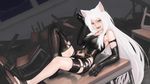  animal_ears asymmetrical_legwear bakemonogatari barefoot black_gloves black_hanekawa black_legwear cat_ears cat_girl cosplay desk elbow_gloves fang gloves hanekawa_tsubasa highres long_hair looking_at_viewer monogatari_(series) nier_(series) nier_automata night open_mouth paintrfiend ruins school_desk single_thighhigh slit_pupils smile solo thighhighs white_hair yellow_eyes yorha_type_a_no._2 yorha_type_a_no._2_(cosplay) 