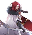 armor bow_(weapon) capelet closed_eyes fate/grand_order fate_(series) fur_trim gloves long_hair male_focus red_hair simple_background solo sword teeth tristan_(fate/grand_order) tsuedzu upper_body weapon white_background 