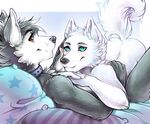  2016 anthro arctic_wolf bed black_nose canine collar digital_media_(artwork) dog duo fur green_eyes husky iceblizzard looking_at_viewer looking_back male male/male mammal nude on_bed ookami pillow romantic_couple sethmiou simple_background smile white_fur wolf 