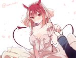  animal_ears bare_shoulders blurry blush breasts bridal_veil bride cleavage demon_tail depth_of_field detached_sleeves dress heart holding_hand ikeuchi_tanuma large_breasts looking_at_viewer original petals pink_dress pink_wedding_dress pov red_eyes red_hair short_hair solo_focus tail twitter_username veil wedding_dress 