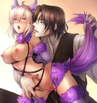  1girl animal_ears black_hair blush bound bound_arms breasts clothed_male_nude_female collar cosplay couple crossover dangerous_beast drifters fate/grand_order fate_(series) gloves halloween_costume heart heart-shaped_pupils hetero highres hijikata_toshizou_(drifters) japanese_clothes kimono koha-ace large_breasts mia_(gute-nacht-07) navel nipples nude okita_souji_(fate) okita_souji_(fate)_(all) open_mouth pale_skin pussy pussy_juice short_hair symbol-shaped_pupils tail tail_grab torogao wolf_ears wolf_tail 