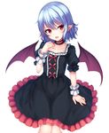  :d alternate_costume bat_wings black_dress blue_hair blush choker collarbone cowboy_shot dress fang flat_chest frilled_choker frills head_tilt junior27016 looking_at_viewer no_hat no_headwear open_mouth pointy_ears puffy_short_sleeves puffy_sleeves red_eyes remilia_scarlet short_hair short_sleeves smile solo touhou white_background wings wrist_cuffs 