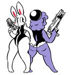  anthro astrid_(mangneto) big_butt blush breasts butt canine clothed clothing cupcake_(oriole) dog duo female gun hair hat lagomorph leotard looking_back mammal mangneto purple_hair rabbit ranged_weapon shoulder_tuft simple_background standing thick_thighs weapon white_background wide_hips 