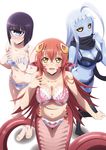  ahoge black_bra black_legwear black_panties black_sclera blue_eyes blue_skin blush bra breasts cleavage closed_mouth collarbone cyclops dullahan fang hair_ornament hairclip hand_on_own_chest highres huge_ahoge lala_(monster_musume) lamia long_hair manako medium_breasts miia_(monster_musume) monster_girl monster_musume_no_iru_nichijou multiple_girls navel official_art one-eyed open_mouth panties pointy_ears purple_hair red_hair scales scarf shadow short_hair simple_background slit_pupils small_breasts smile standing thighhighs underwear underwear_only very_long_hair white_background white_hair yellow_eyes 