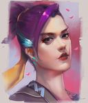  artist_name commentary_request genderswap genderswap_(mtf) grey_eyes hanzo_(overwatch) lips lipstick looking_at_viewer makeup overwatch parted_lips peter_xiao ponytail portrait purple_hair realistic red_lipstick signature solo 