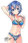 armpits blue_bow blue_eyes blue_hair blue_panties blush bow bra breasts cleavage collarbone cowboy_shot fortissimo frilled_bra frills gleision_adain groin hair_between_eyes hair_ornament hairclip hand_in_hair lace lace-trimmed_bra lace-trimmed_panties looking_at_viewer mahou_shoujo_madoka_magica medium_breasts miki_sayaka navel panties short_hair signature simple_background smile solo stomach strap_lift thighs underwear underwear_only white_background 