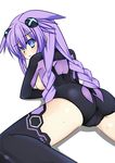  ass blue_eyes blush braid breasts highres leotard meimu_(infinity) neptune_(choujigen_game_neptune) neptune_(series) purple_hair purple_heart pussy_juice sideboob twin_braids 