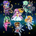  aqua_eyes arm_up armor athena_(saint_seiya) bad_id bad_pixiv_id bandage_over_one_eye black_hair blue_eyes boots brown_eyes brown_hair chain chibi circlet clenched_hands cygnus_hyouga dragon dragon_shiryuu dress fingerless_gloves gloves green_eyes green_hair long_hair open_mouth pegasus_seiya phoenix_ikki purple_hair saint_seiya smile staff star starry_background tsukasaki_ryouko vambraces very_long_hair white_dress 