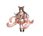  animal_ears aster_(granblue_fantasy) bangs bare_arms bow bow_(weapon) brown_eyes brown_footwear buttons closed_mouth crossbow dress erune feather_boa flat_chest frown full_body fur_trim granblue_fantasy hair_ornament holding holding_weapon long_hair looking_at_viewer minaba_hideo official_art pouch red_bow shoes solo standing transparent_background v_arms weapon white_dress 