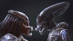  alien_(movie) aliens_vs_predator blush_stickers commentary_request crossover fangs food hairlocs mask monster no_humans open_mouth oshou_(o_shou) pocky pocky_kiss predator predator_(movie) predator_(series) profile science_fiction shared_food xenomorph 