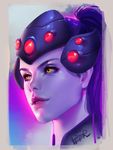  artist_name commentary_request head_mounted_display high_ponytail lips looking_afar overwatch parted_lips peter_xiao portrait purple_hair purple_skin realistic signature solo widowmaker_(overwatch) yellow_eyes 