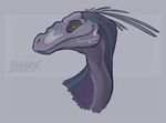  2015 alternate_species blue_markings bust_portrait digital_drawing_(artwork) digital_media_(artwork) dinosaur feral feranta glowing glowing_eyes green_eyes grey_background half-closed_eyes loganhen looking_at_viewer markings portrait purple_scales raptor scales scalie signature simple_background smile theropod white_markings 