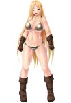  1girl arms_at_sides bare_arms bare_legs bishoujo-darake_yume_no_bouken_seikatsu! blonde_hair blush boots breasts brown_clothes cherry_kiss eyebrows_visible_through_hair eyes_visible_through_hair facing_viewer fist game_cg gloves green_eyes highres hips huge_breasts impossible_clothes knees large_breasts long_hair mahjong_strip_solitaire metal_bikini miel_(company) navel open_mouth pigeon-toed smile sonia_yuditto standing string_bikini tongue transparent_background 