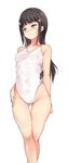  alp ass_visible_through_thighs bangs bare_arms bare_legs black_hair blunt_bangs breasts cameltoe closed_mouth collarbone covered_nipples crossed_legs embarrassed eyelashes green_eyes hair_ornament hairclip impossible_clothes impossible_swimsuit kurosawa_dia long_hair looking_away love_live! love_live!_sunshine!! medium_breasts navel nipples no_mole one-piece_swimsuit see-through shiny shiny_skin simple_background skin_tight solo standing swimsuit thigh_gap wavy_mouth white_background white_swimsuit 