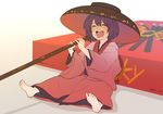 :d ^_^ barefoot bowl bowl_hat chocolate chocolate_on_face closed_eyes eating feet food food_on_face full_body gradient gradient_background hair_between_eyes hat japanese_clothes kimono kobaji open_mouth pocky purple_hair red_kimono short_hair sitting smile solo sukuna_shinmyoumaru touhou wide_sleeves 