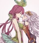  asymmetrical_docking bare_shoulders breast_press breasts closed_eyes commentary_request elbow_gloves food gloves granblue_fantasy ivris large_breasts leaf leaf_on_head long_hair low_twintails medusa_(shingeki_no_bahamut) multiple_girls plant_girl pocky pocky_kiss pointy_ears shared_food shingeki_no_bahamut twintails very_long_hair white_hair yggdrasil_(granblue_fantasy) yuri 