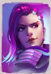  commentary_request earrings jewelry lips long_hair looking_away mole mole_under_eye multicolored_hair overwatch parted_lips peter_xiao portrait purple_hair solo sombra_(overwatch) two-tone_hair undercut 