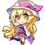  blonde_hair blush_stickers bow chibi dress fan folding_fan full_body hat hat_bow juliet_sleeves long_hair long_sleeves looking_at_viewer lowres md5_mismatch pink_bow puffy_sleeves purple_dress purple_footwear renren_(ah_renren) shoes simple_background smile solo touhou very_long_hair watatsuki_no_toyohime white_background white_hat wide_sleeves yellow_eyes 