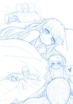  1girl after_sex anchovy bald bangs bed_sheet blanket blue blush closed_mouth erection erection_under_blanket erection_under_clothes eyebrows eyebrows_visible_through_hair faceless faceless_male girl_on_top girls_und_panzer hair_down heart heart-shaped_pupils hetero lying monochrome moonjunk multiple_views on_back on_side pillow sketch smile spoken_heart symbol-shaped_pupils under_covers 
