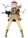  arx-160 assault_rifle backpack badge bag belt beret bird boots button_badge dmm dove dress green_eyes gun hat highres holding holding_gun holding_weapon houriigurei legs_apart long_hair long_sleeves military military_uniform necktie open_mouth outstretched_arm pink_hair pointing ponytail rifle shooting_girl simple_background smile smiley_face soldier solo swiss_flag thighhighs uniform weapon white_background zettai_ryouiki 