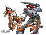  3girls aqua_hair armor blonde_hair choujikuu_yousai_macross glaug green_eyes macross mecha_musume multiple_girls pilot_suit polidread red_hair vf-1 vf-1d zentradi 