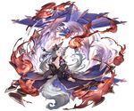  \m/ animal_ears back bangs bare_back bare_shoulders barefoot blue_eyes closed_mouth dress erune fan feathers fire flower folding_fan fox fox_ears fox_tail from_behind full_body granblue_fantasy hair_flower hair_ornament hair_stick long_hair looking_back minaba_hideo no_bra off_shoulder official_art purple_dress smile socie_(granblue_fantasy) solo tail transparent_background white_hair 