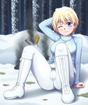  1girl blonde_hair blue_eyes blush brave_witches breasts cameltoe large_breasts nikka_edvardine_katajainen pantyhose solo spread_legs strike_witches world_witches_series 