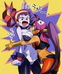  angry ass bandana between_breasts bracer breasts dark_skin earrings fang head_between_breasts highres hug jewelry mogmog_(539jack) multiple_girls navel open_mouth purple_hair purple_skin risky_boots shantae_(character) shantae_(series) shantae_and_the_pirate's_curse stomach 