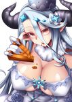  blue_hair breasts brown_eyes cleavage covered_nipples draph fi-san food food_on_body food_on_face granblue_fantasy horns huge_breasts izmir long_hair looking_at_viewer pie pointy_ears solo transparent_background 