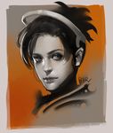  artist_name gradient gradient_background high_ponytail lips looking_at_viewer mechanical_halo mercy_(overwatch) monochrome nose overwatch peter_xiao portrait realistic signature solo 