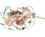  ;o animal_ears arrow aster_(granblue_fantasy) bangs bare_arms bare_legs bow bow_(weapon) brown_footwear brown_hair buttons crossbow dress erune feather_boa flat_chest full_body fur_trim granblue_fantasy hair_ornament holding holding_weapon long_hair minaba_hideo official_art one_eye_closed open_mouth orange_eyes pouch red_bow shoes solo transparent_background weapon white_dress 