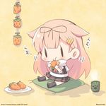  :t black_ribbon black_serafuku black_skirt blonde_hair chibi cup cushion eating food fruit full_body green_tea hair_flaps hair_ornament hair_ribbon hairclip hanging_food holding holding_food kantai_collection long_hair lowres miniskirt momoniku_(taretare-13) motion_lines neckerchief paw_print persimmon plate remodel_(kantai_collection) ribbon scarf school_uniform serafuku shadow sitting skirt solo steam tea twitter_username watermark web_address white_scarf yellow_background yunomi yuudachi_(kantai_collection) 