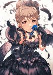  bad_id bad_pixiv_id black_dress black_gloves black_wings blue_flower blue_rose breasts brown_eyes brown_hair cleavage dress feathered_wings feathers flower gloves highres idolmaster idolmaster_million_live! long_hair looking_at_viewer medium_breasts microphone narumi_arata open_mouth outstretched_arms rose smile solo tenkuubashi_tomoka wings 
