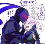  1girl :d armor armored_dress bare_shoulders berserker_(fate/zero) black_armor breasts closed_eyes elbow_gloves english eyebrows eyebrows_visible_through_hair fate/grand_order fate/zero fate_(series) father_and_daughter full_armor gloves hair_over_one_eye hands_on_another's_face hands_on_another's_wrists happy large_breasts looking_at_another mash_kyrielight open_mouth purple_hair pvc_parfait short_hair smile speech_bubble surprised twitter_username upper_body 