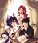  2girls :3 :d ahoge amulet animal_ears armlet bangs bare_shoulders black_hair black_jacket black_pants bob_cut breasts cat_ears cat_girl cat_tail chin_rest closed_mouth collared_shirt dorei_career_planner_na_seikou_dekiru_shokugyou dress_shirt fang feathers formal green_eyes hair_between_eyes indoors jacket jewelry kuroemon lamia long_hair long_sleeves looking_at_viewer medium_breasts monster_girl multiple_girls neck_ring necktie official_art open_mouth pants paper pendant purple_hair red_eyes red_hair red_neckwear rope scales shirt short_hair sitting sleeveless smile standing suit tail tent tie_clip wavy_hair white_shirt wooden_table yellow_eyes 