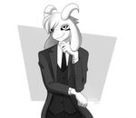  2016 anthro asriel_dreemurr black_sclera black_suit black_tie boss_monster button_(disambiguation) caprine clothed clothing fur goat god_of_hyperdeath horn long_ears looking_at_viewer male mammal miragemayumi overcoat simple_background smile solo standing suit_jacket undershirt undertale video_games white_fur 