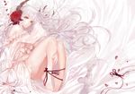  absurdly_long_hair ankle_ribbon apt ass barefoot breasts cleavage dress entangled flower grey_eyes hair_flower hair_in_mouth hair_ornament highres horns large_breasts long_hair off_shoulder original petals ribbon scissors silver_hair solo very_long_hair waifu2x white_dress 