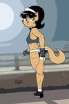  2016 abs anthro black_hair breasts brown_fur butt cat cerebropodrido clothing collar digital_media_(artwork) feline female fingerless_gloves fitness fur gloves green_eyes hair hairband looking_at_viewer mammal muscular shirt shorts small_breasts solo sport stretching sweat tank_top 